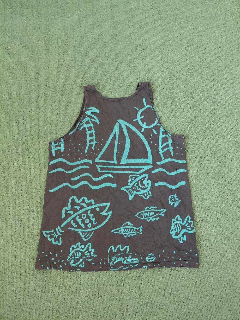 Teal Print Nautical Graphic Fish Sun Sailboat Beach Black All Over Print Tank To